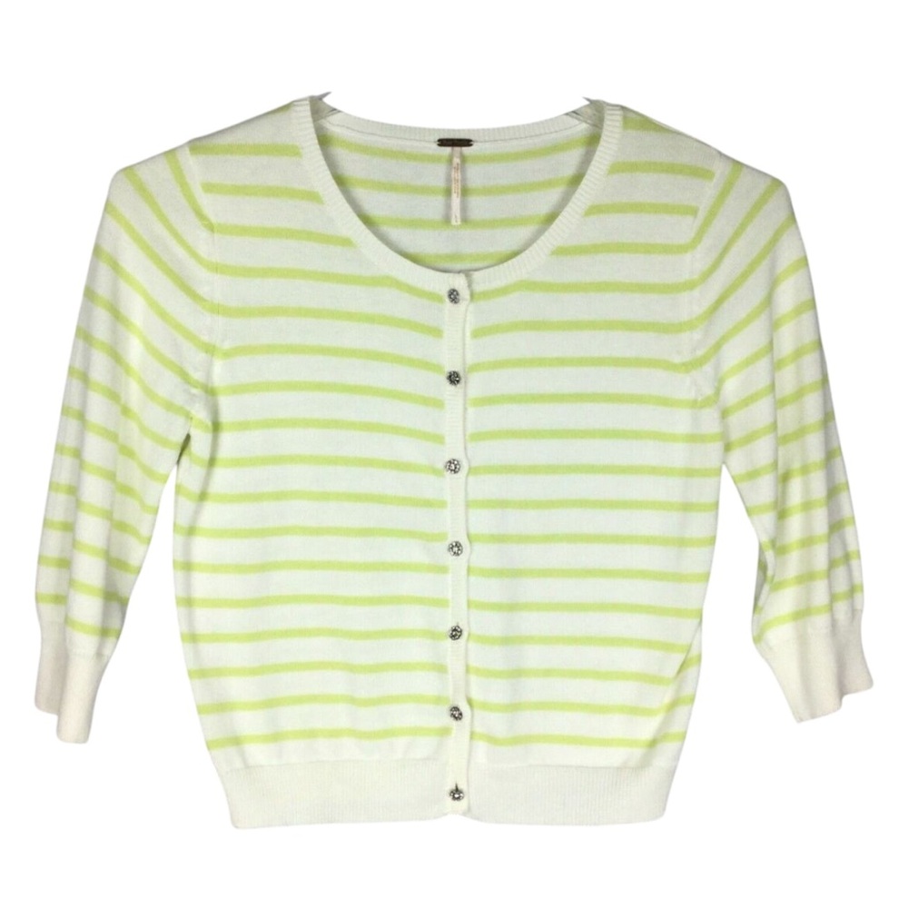 Free People White Striped Button-Up Cardigan 3/4 Sleeve Bling Womens Size M